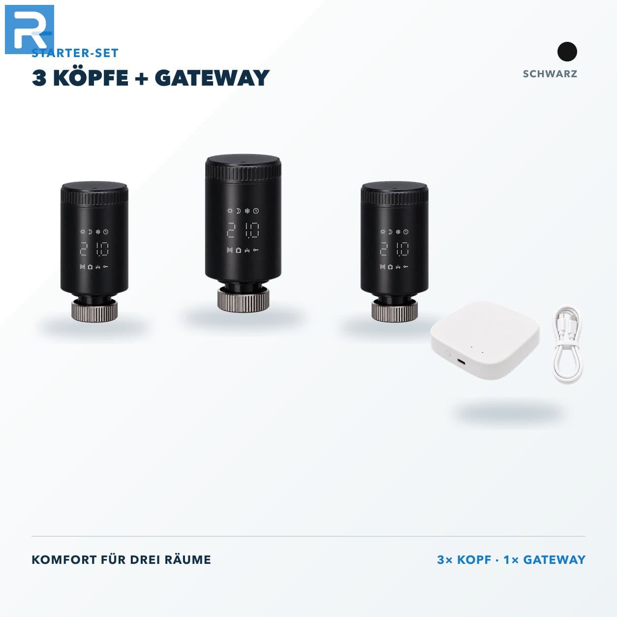 Heizkörperthermostat Smart Zigbee Schwarz Starter-Set 3 Köpfe