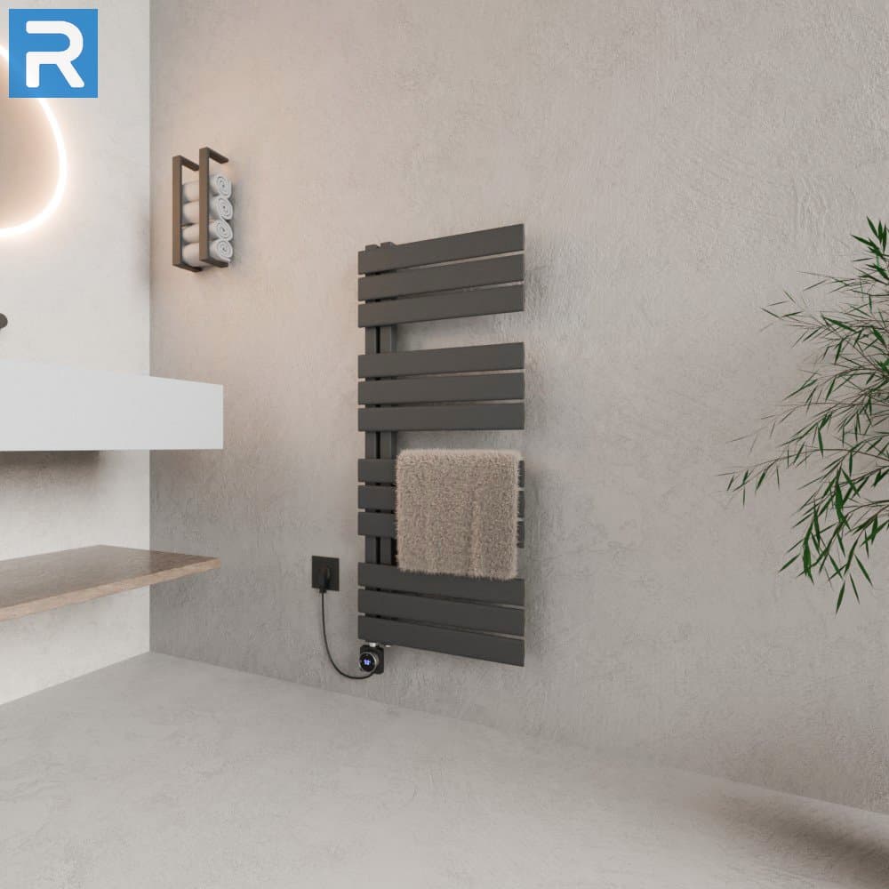 Handtuchheizkörper elektrisch seitlich offen 50x115 cm Anthrazit, befüllt steckerfertig