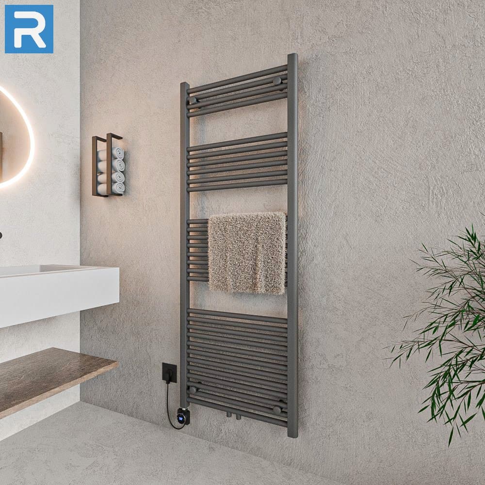 Standard Badheizkörper elektrisch Rundrohr 60x160 cm Anthrazit, befüllt steckerfertig