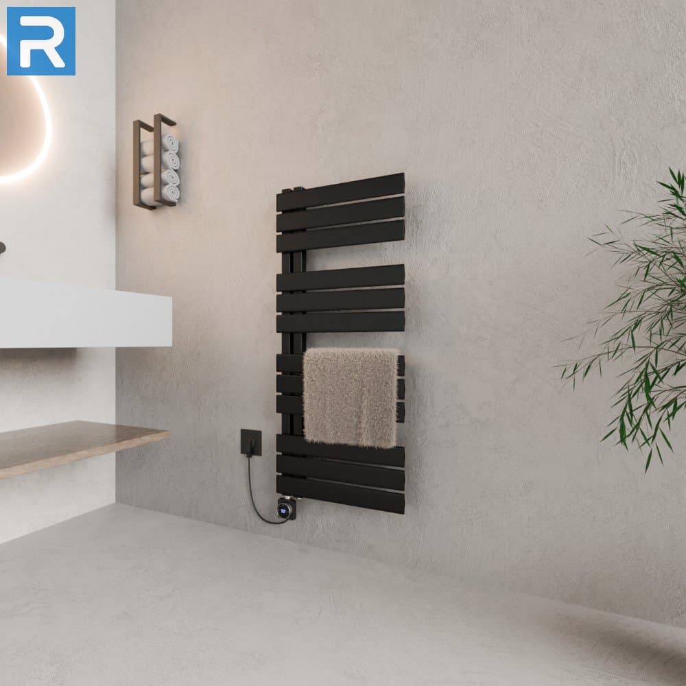 Handtuchheizkörper elektrisch seitlich offen 50x115 cm Schwarz, befüllt steckerfertig