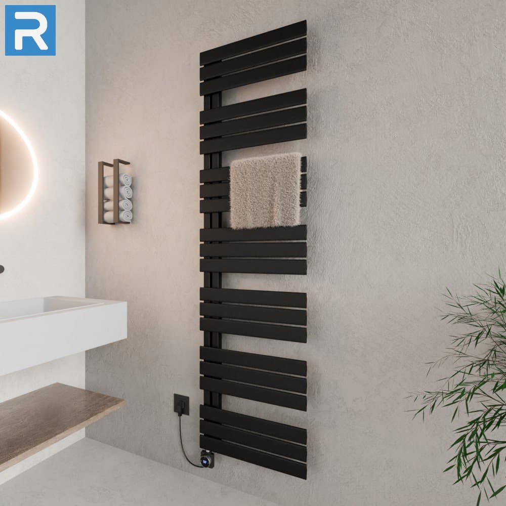Handtuchheizkörper elektrisch seitlich offen 60x180 cm Schwarz, befüllt steckerfertig