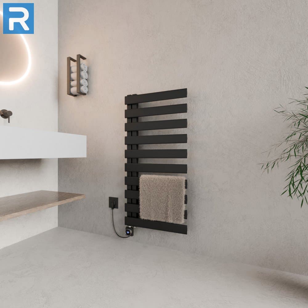 Premium Handtuchheizkörper elektrisch 50x115 cm Schwarz, befüllt steckerfertig