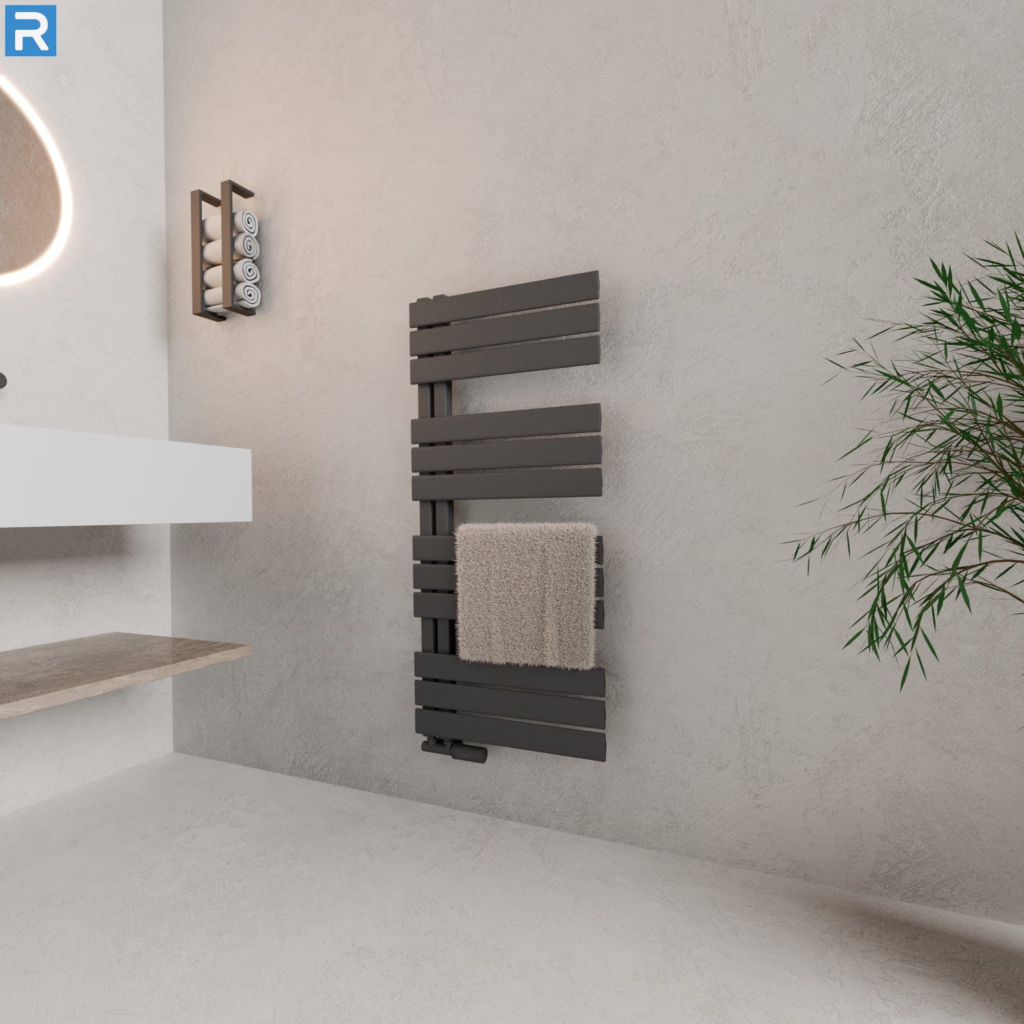 Handtuchheizkörper seitlich offen 50x115 cm Anthrazit, mit Ventilset
