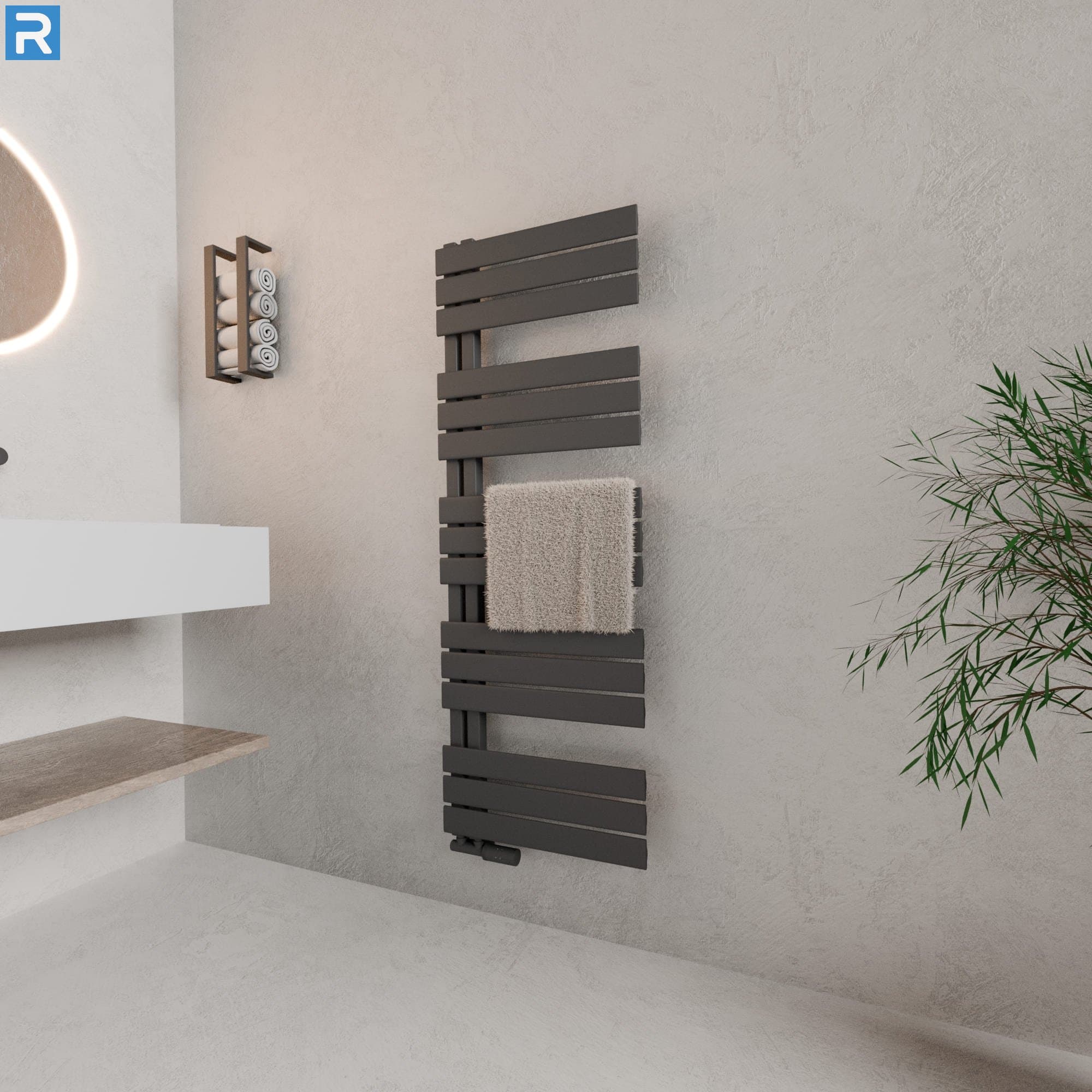 Handtuchheizkörper seitlich offen 50x140 cm Anthrazit, mit Ventilset