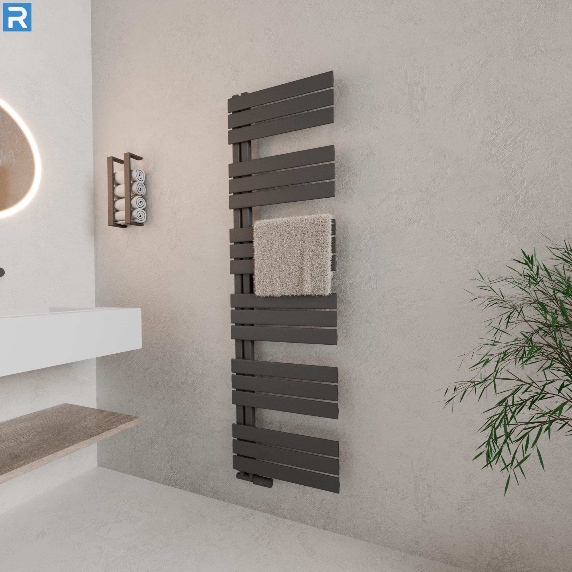 Handtuchheizkörper seitlich offen 50x164 cm Anthrazit, mit Ventilset