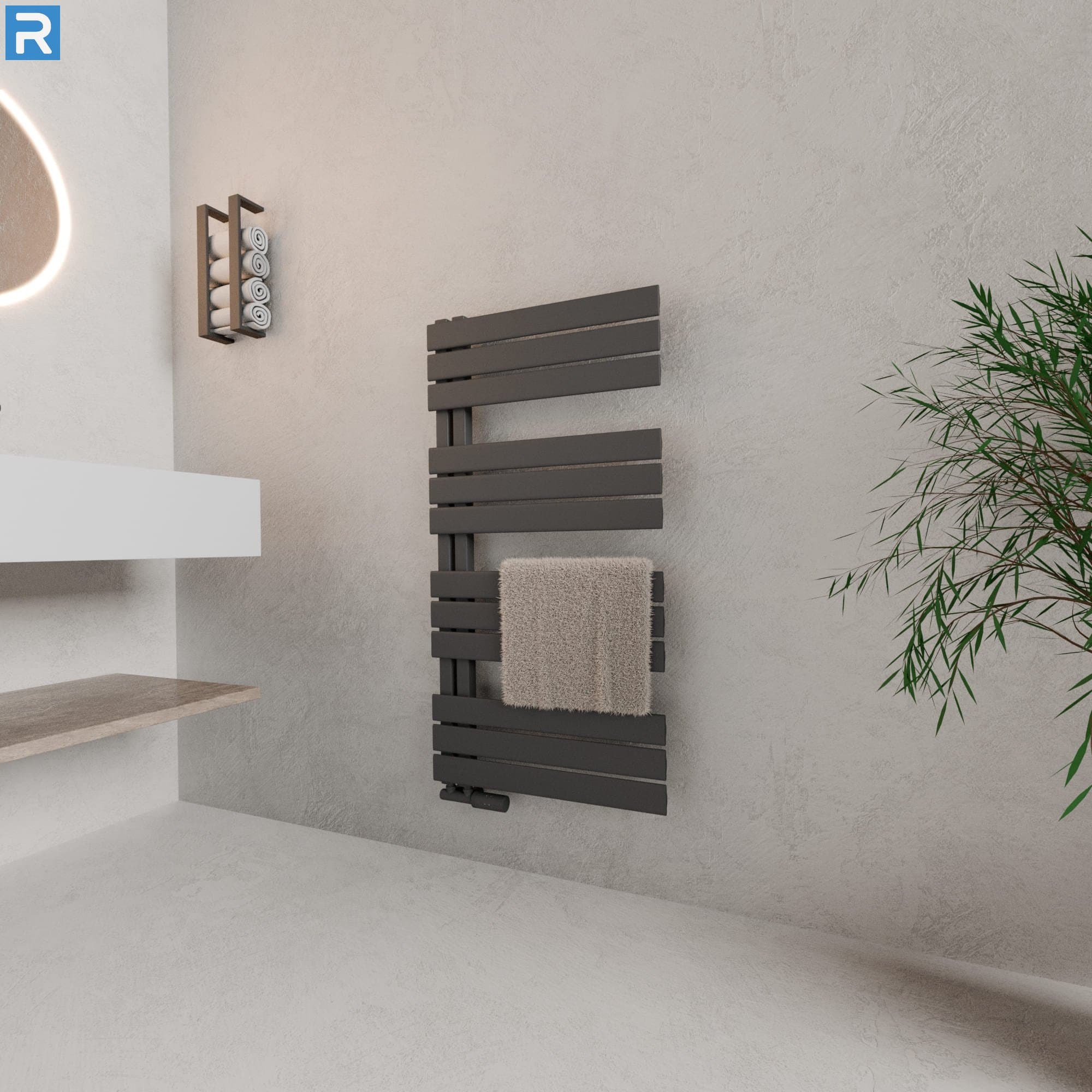 Handtuchheizkörper seitlich offen 60x115 cm Anthrazit, mit Ventilset