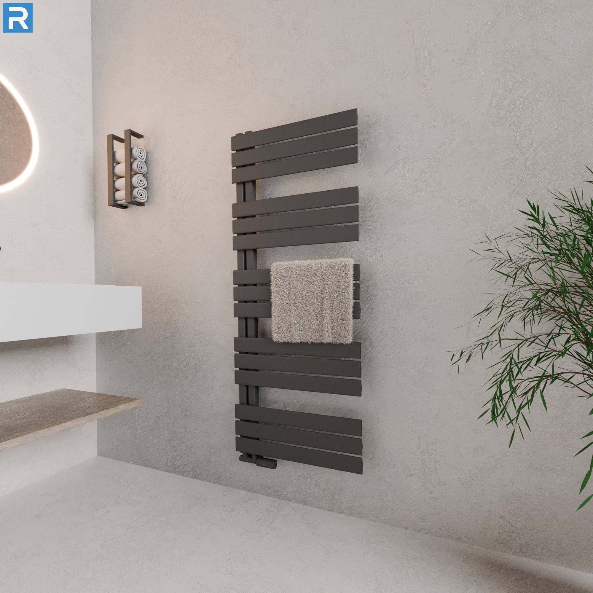 Handtuchheizkörper seitlich offen 60x140 cm Anthrazit, mit Ventilset