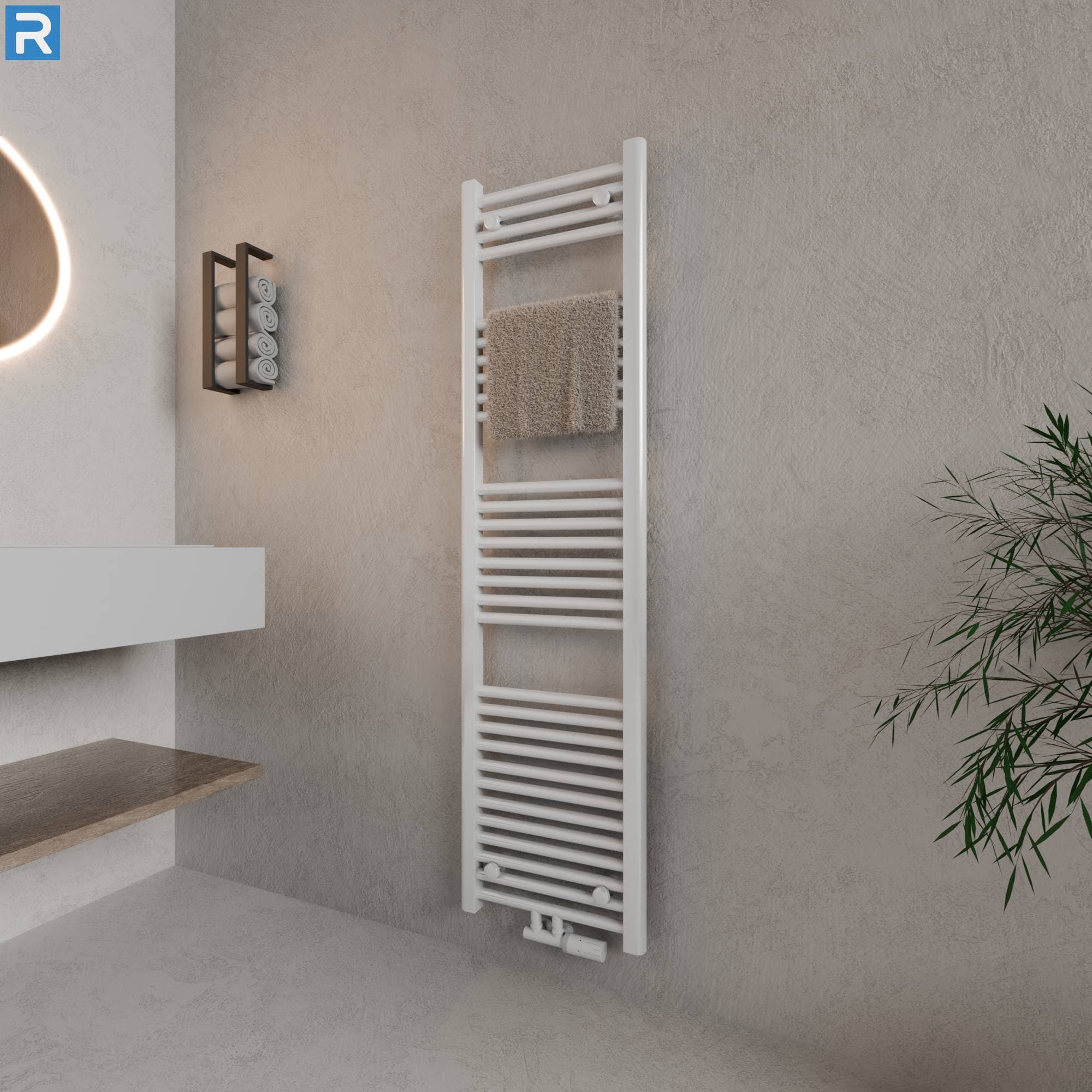Standard Badheizkörper Rundrohr 50x160 cm Weiß, mit Ventilset