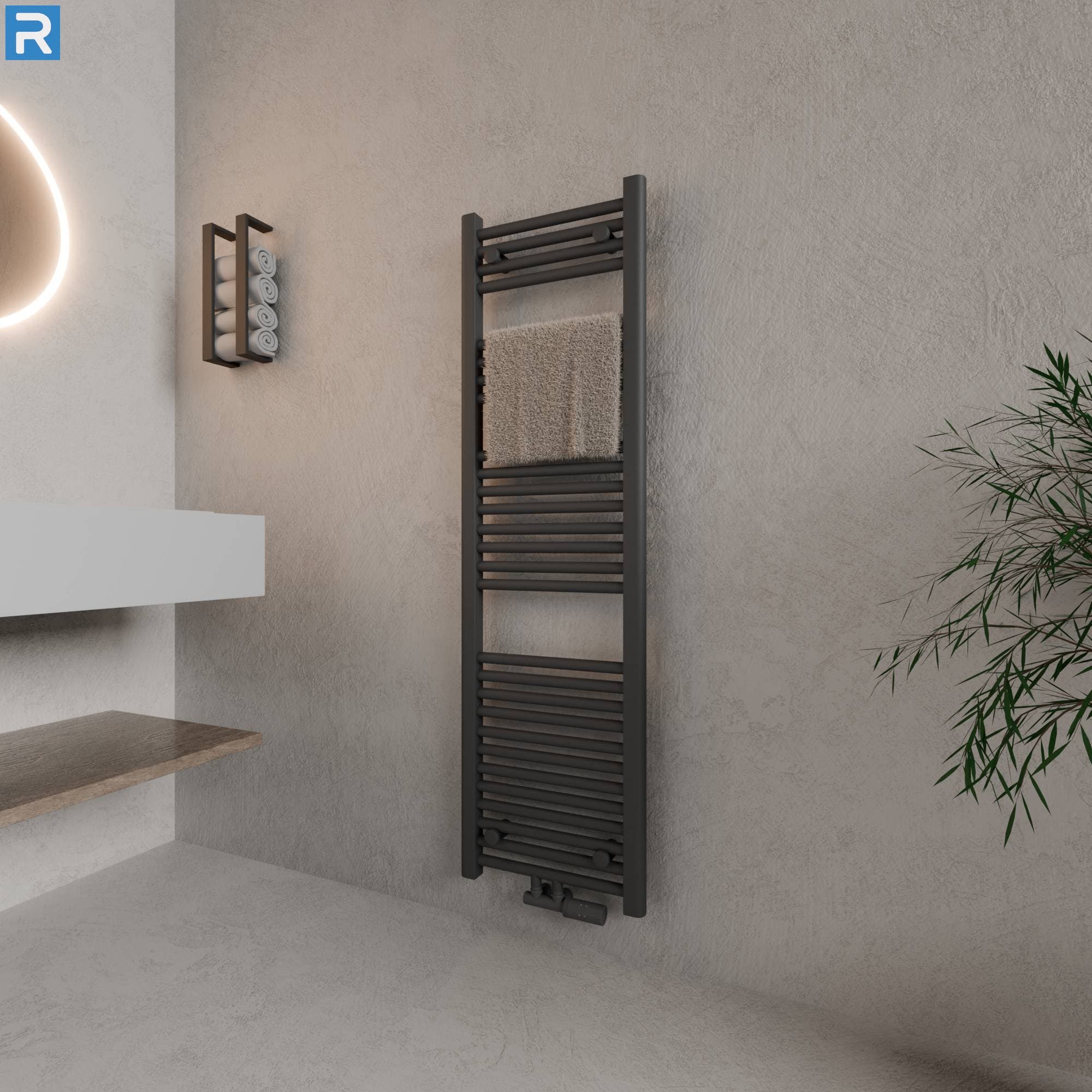 Standard Badheizkörper Rundrohr 50x140 cm Anthrazit, mit Ventilset