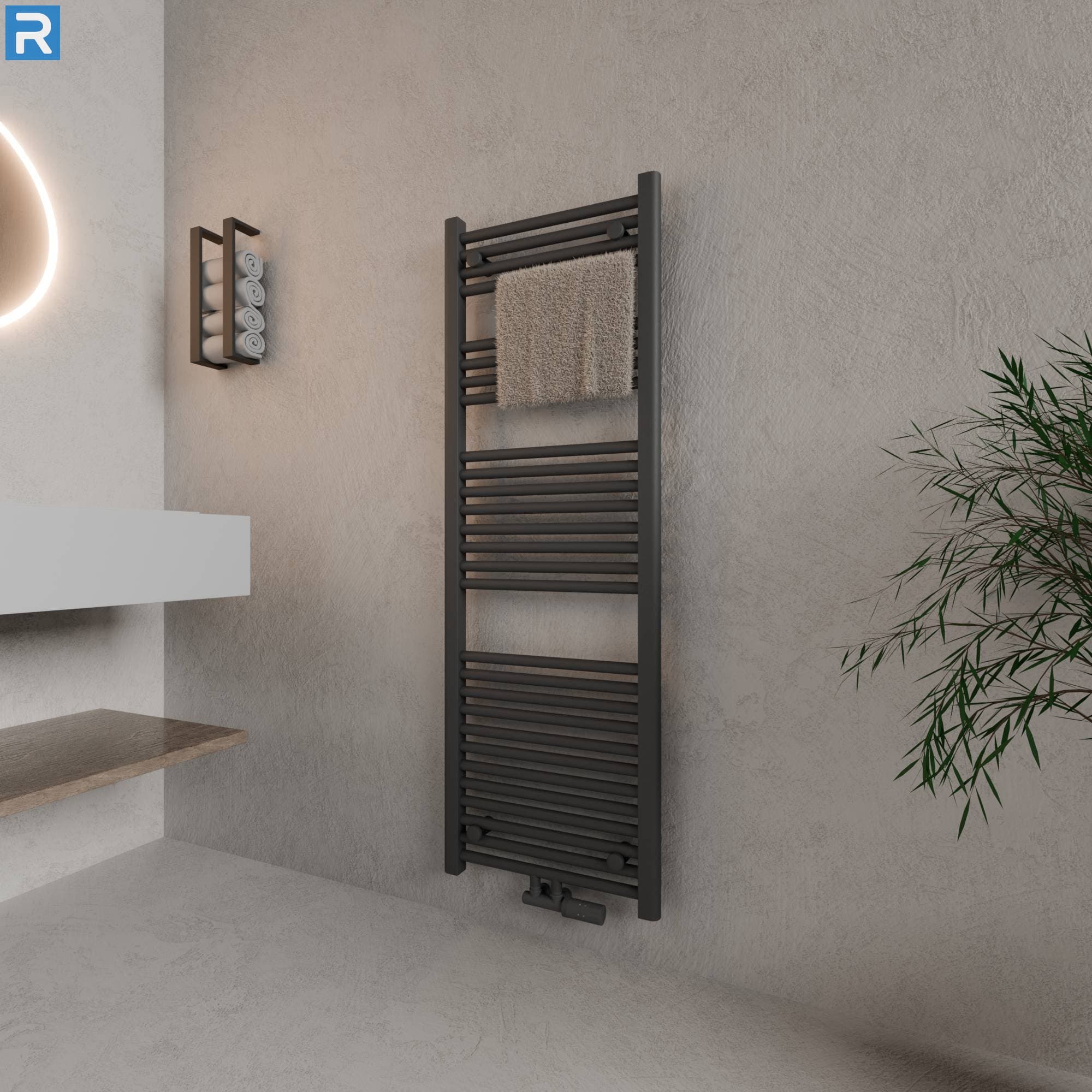 Standard Badheizkörper Rundrohr 60x140 cm Anthrazit, mit Ventilset