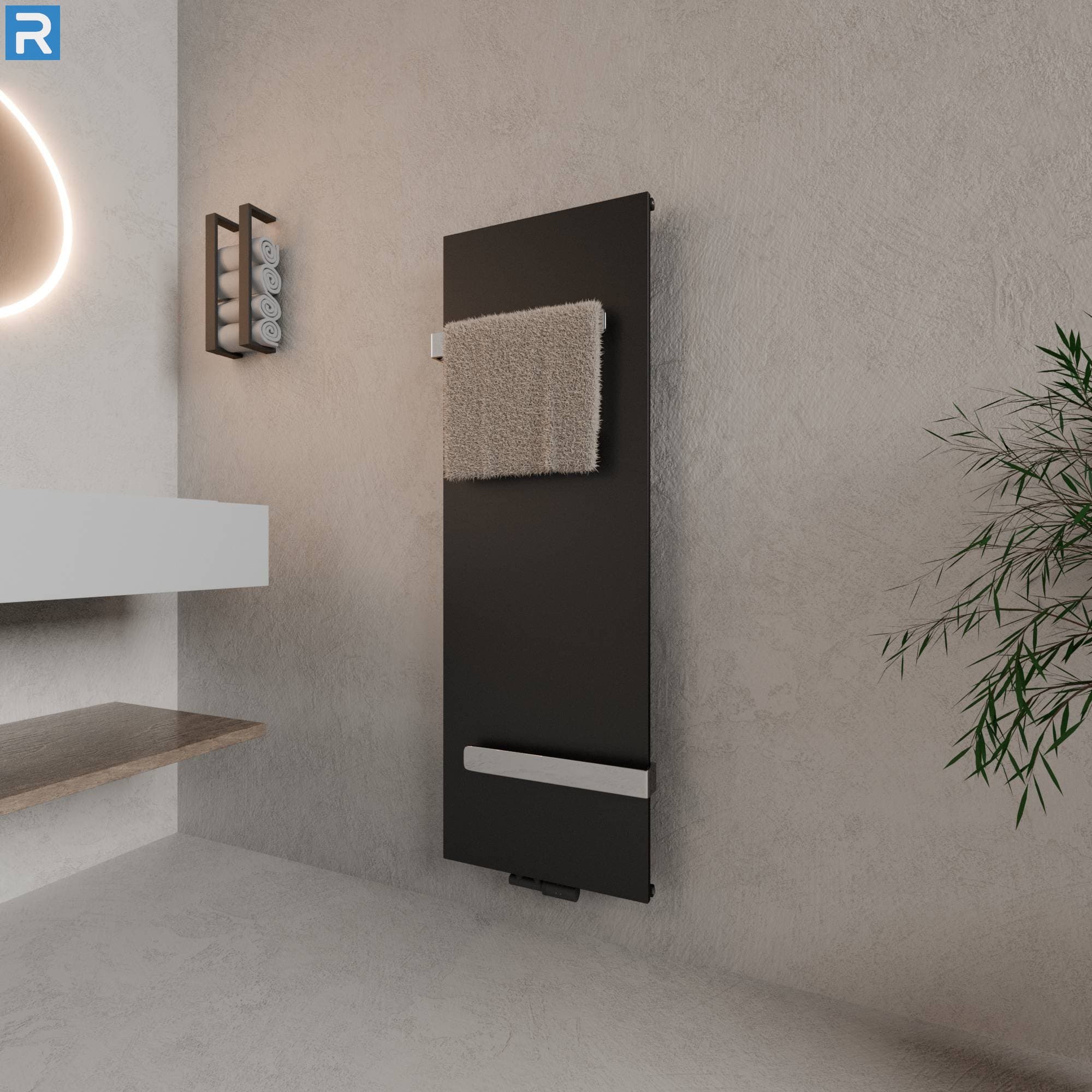 Handtuchheizkörper mit 2 Handtuchhaltern 45x150 cm Schwarz, mit Ventilset