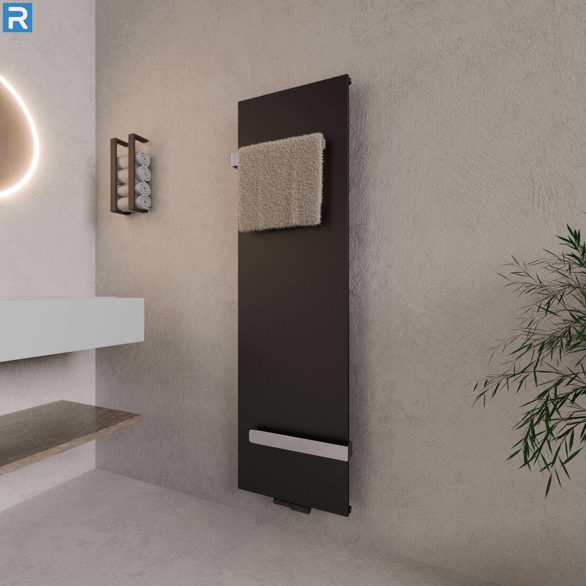 Handtuchheizkörper mit 2 Handtuchhaltern 45x170 cm Schwarz, mit Ventilset