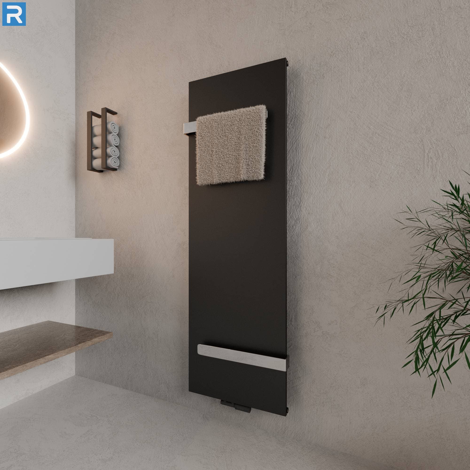 Handtuchheizkörper mit 2 Handtuchhaltern 53x170 cm Schwarz, mit Ventilset