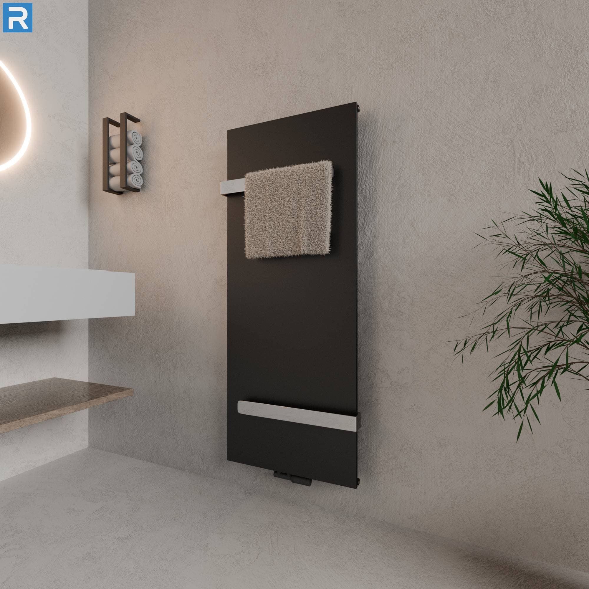 Handtuchheizkörper mit 2 Handtuchhaltern 61x150 cm Schwarz, mit Ventilset