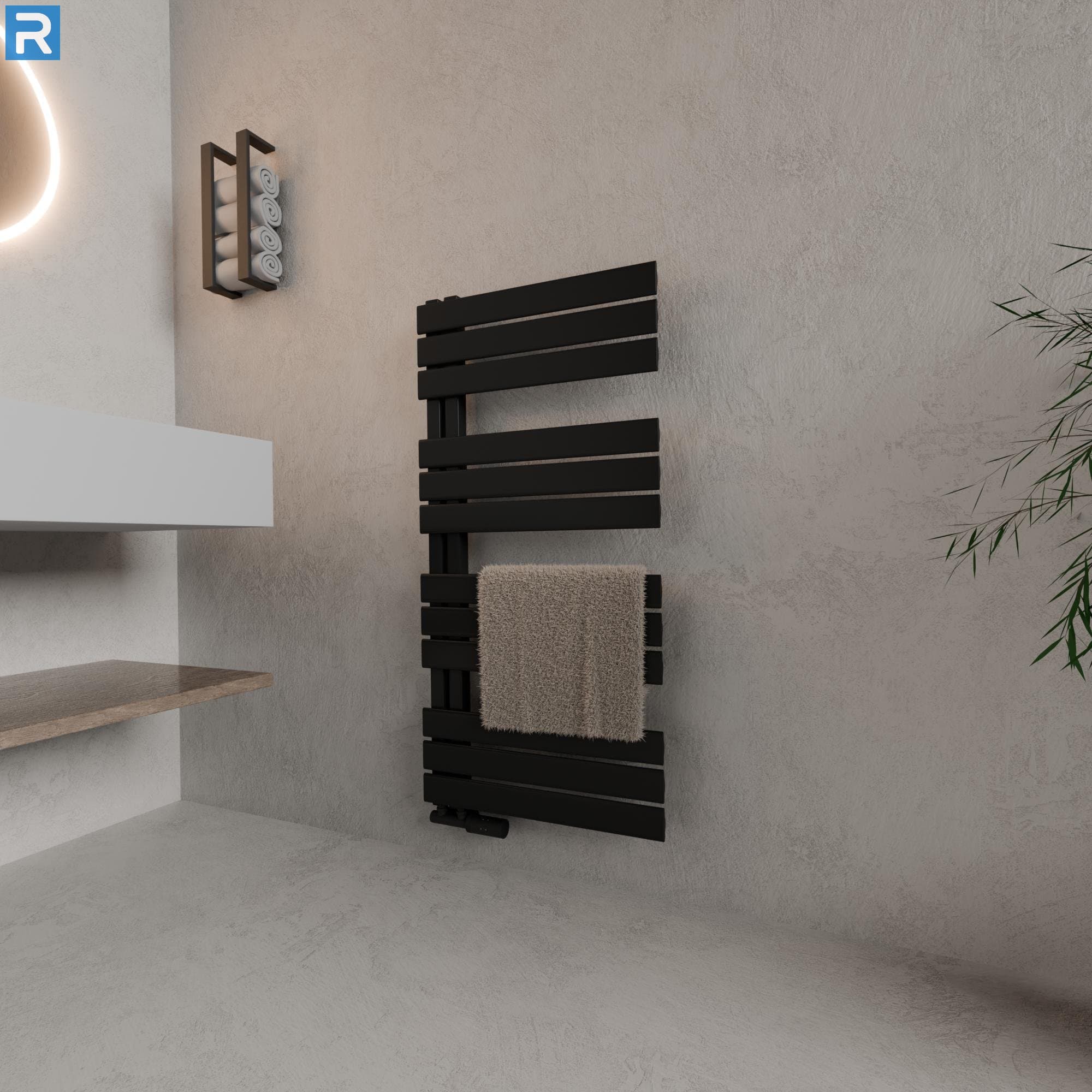 Handtuchheizkörper seitlich offen 50x115 cm Schwarz, mit Ventilset