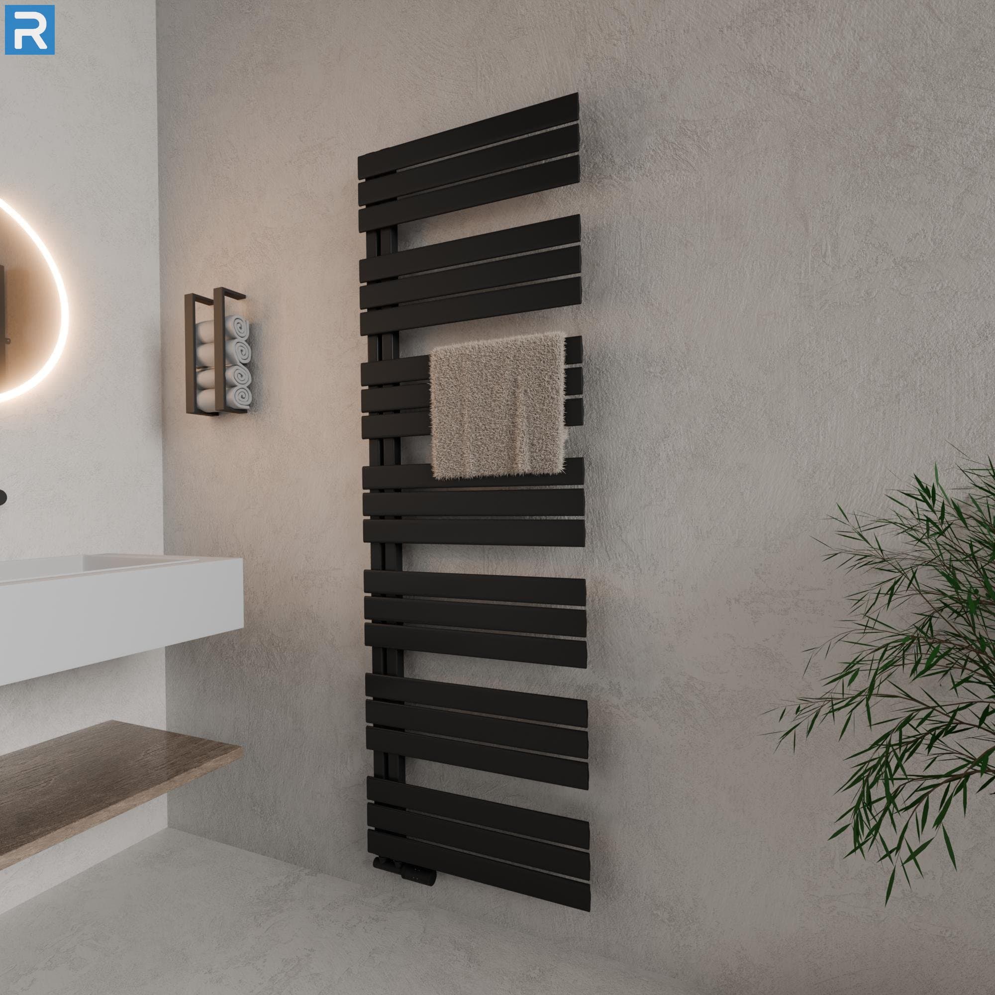 Handtuchheizkörper seitlich offen 60x180 cm Schwarz, mit Ventilset
