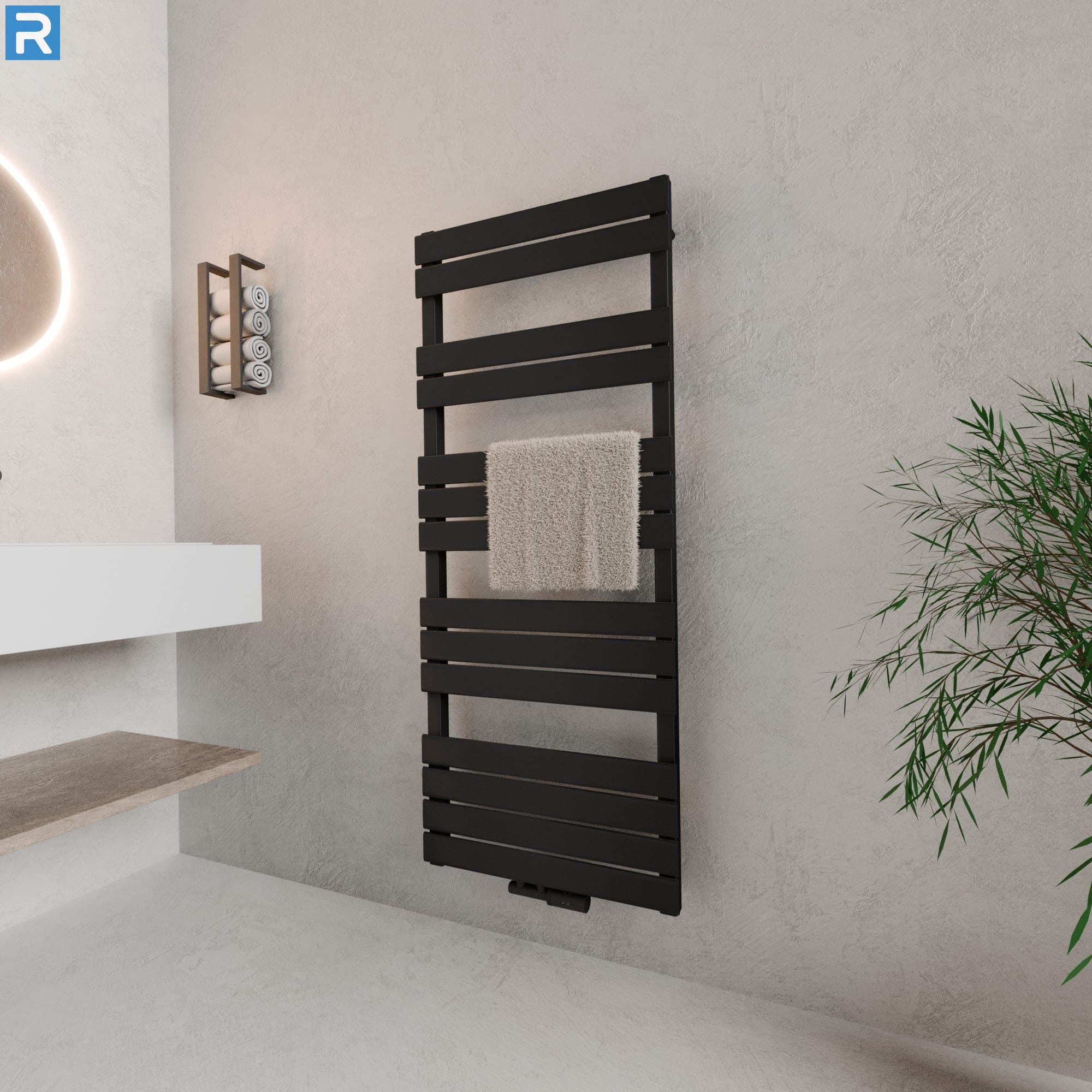 Handtuchheizkörper Mittelanschluss 60x140 cm Schwarz, mit Ventilset