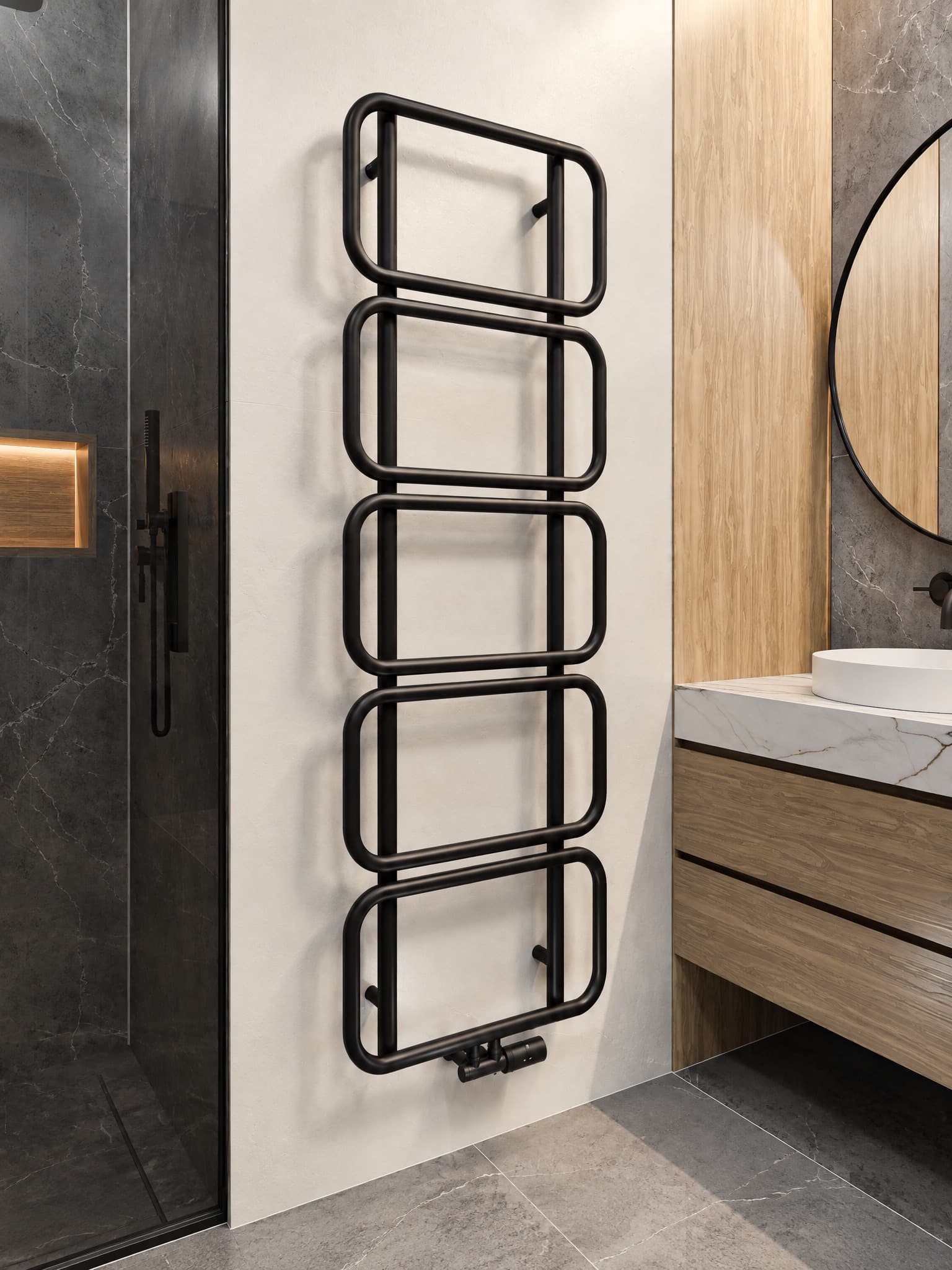 Design-Handtuchheizkörper Schlaufenform 60x160 cm Schwarz, mit Ventilset