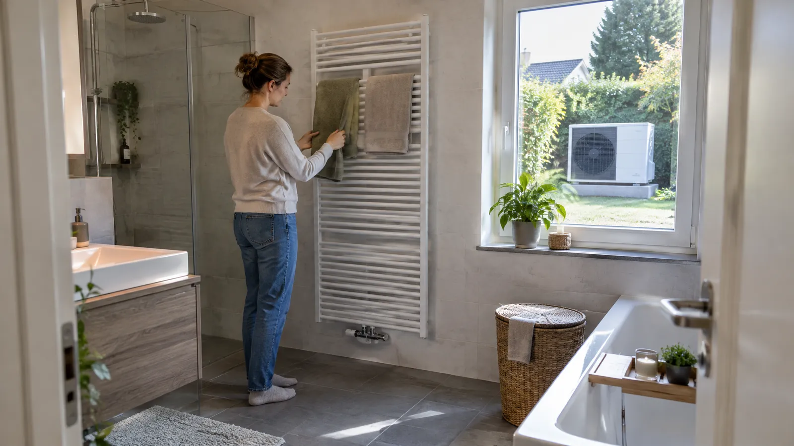 Badheizkörper für Wärmepumpe: Eine Frau hängt Handtücher an einen weißen Handtuchheizkörper mit Mittenanschluss im grau gefliesten Bad. Durch das Fenster sieht man die Außeneinheit einer Luft-Wasser-Wärmepumpe im Garten.