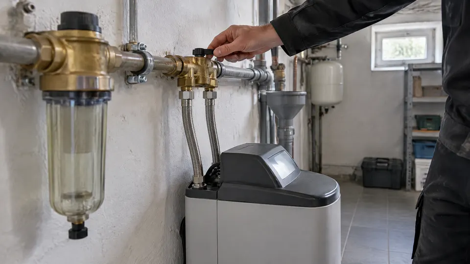 Hand eines Installateurs am Hebel des Messing-Anschlussblocks einer Enthärtungsanlage an der Kaltwasserleitung, links ein Rückspülfilter, darunter zwei Panzerschläuche zur Anlage, dahinter ein grauer Abwassertrichter im Kellerraum.