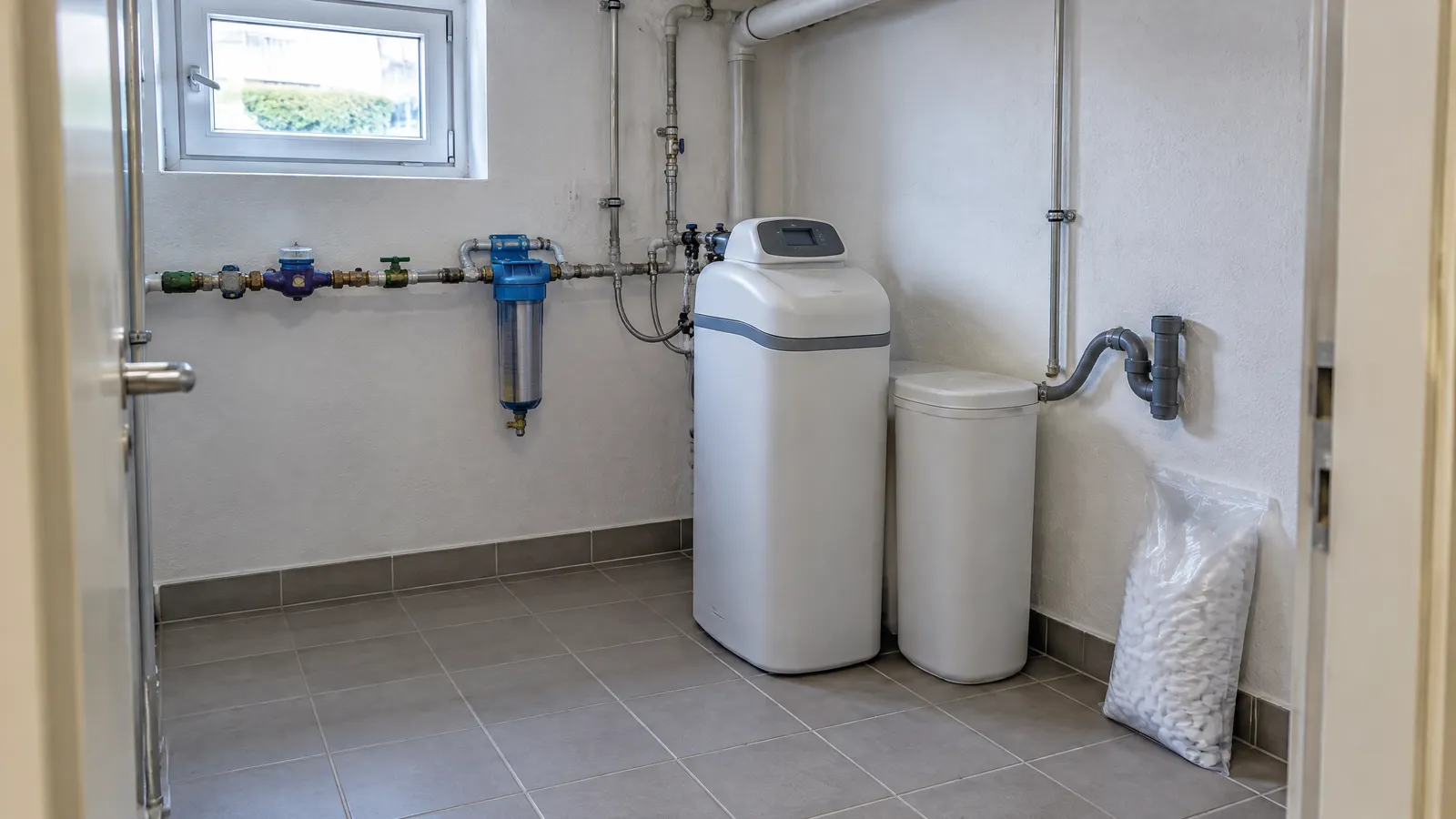 Weiße Entkalkungsanlage mit separatem Salzbehälter im gefliesten Hausanschlussraum, dahinter an der Wand Wasserzähler und Filter mit Klarsichttasse, daneben ein Sack Regeneriersalz