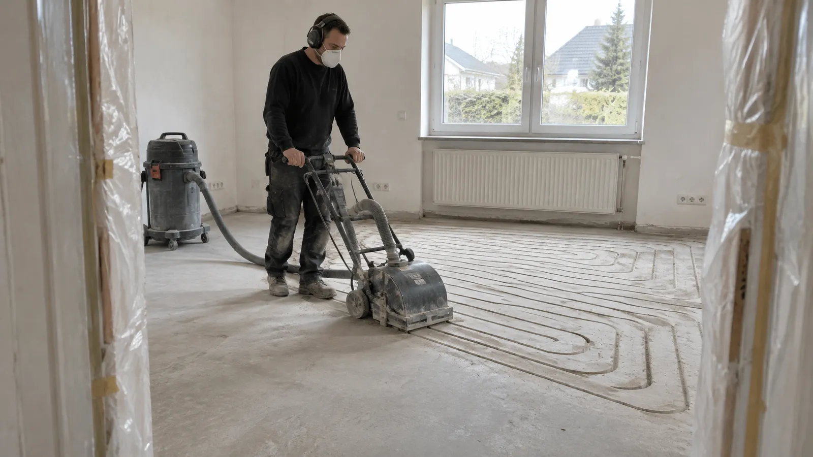 Fußbodenheizung fräsen: Fräsmaschine mit Absaugung schneidet Nuten in einen vorhandenen Zementestrich