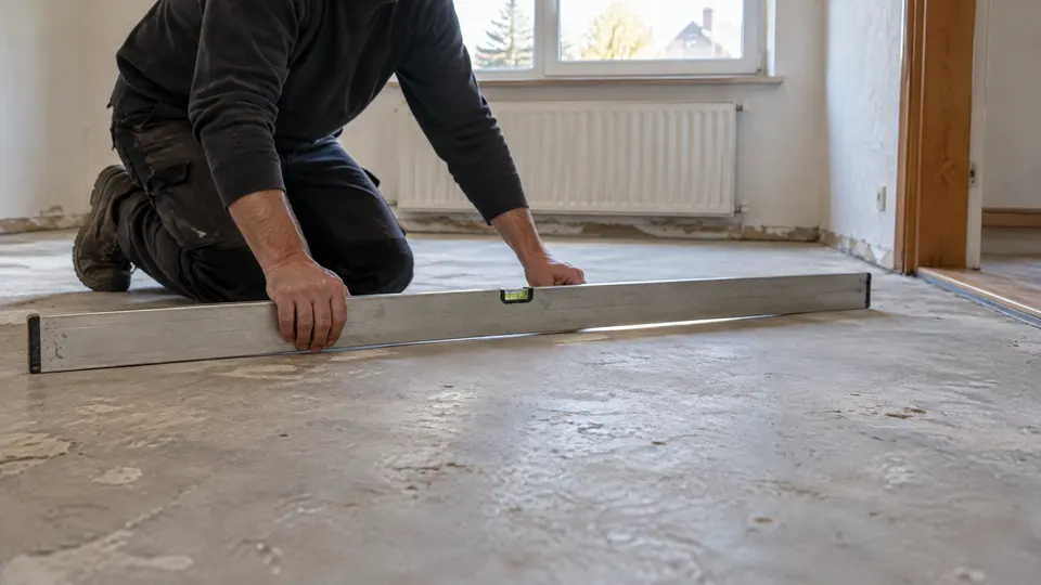 Handwerker prüft mit einer langen Wasserwaage die Ebenheit des alten Zementestrichs in einem leer geräumten Altbauzimmer