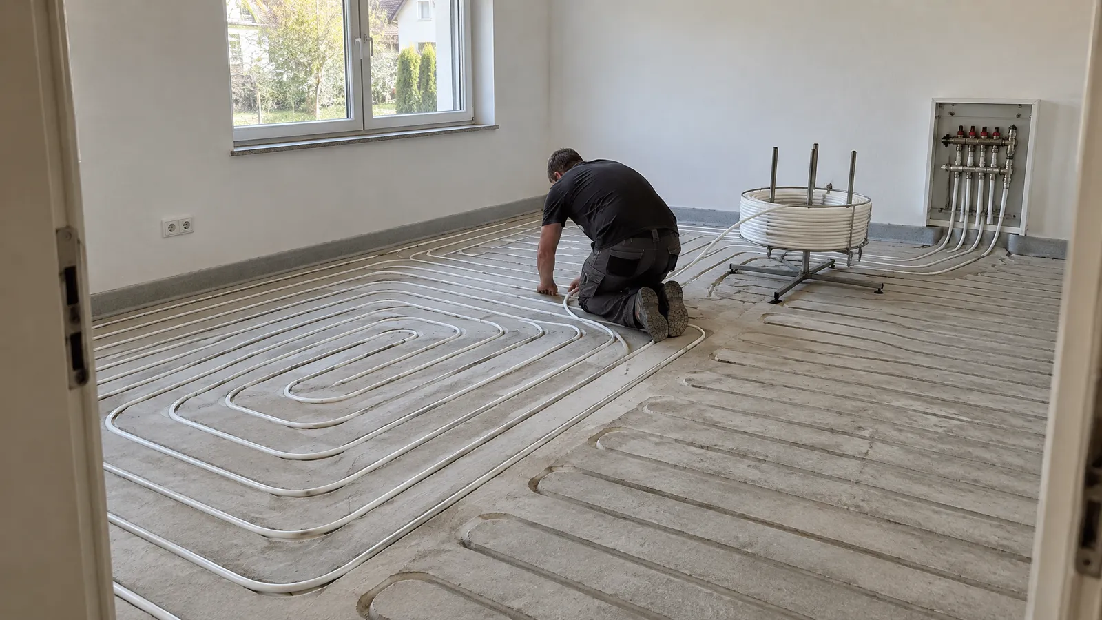 Fußbodenheizung nachrüsten im Altbau: Heizungsbauer drückt die Rohre in gefräste Nuten im Estrich eines Wohnzimmers
