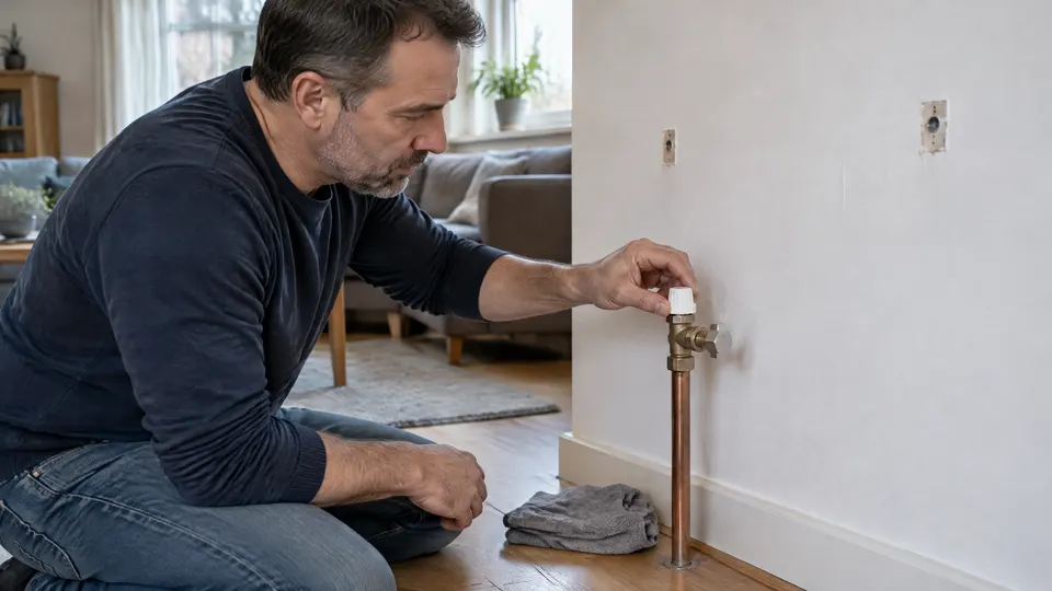 Mann kniet im Wohnzimmer an der Wand, an der ein Heizkörper abgebaut wurde, und prüft das Thermostatventil auf einem Kupferrohr aus dem Holzboden; der Ventilausgang ist mit einem Metallstopfen verschlossen, auf dem Ventil steckt eine weiße Schutzkappe, daneben liegt ein grauer Lappen.