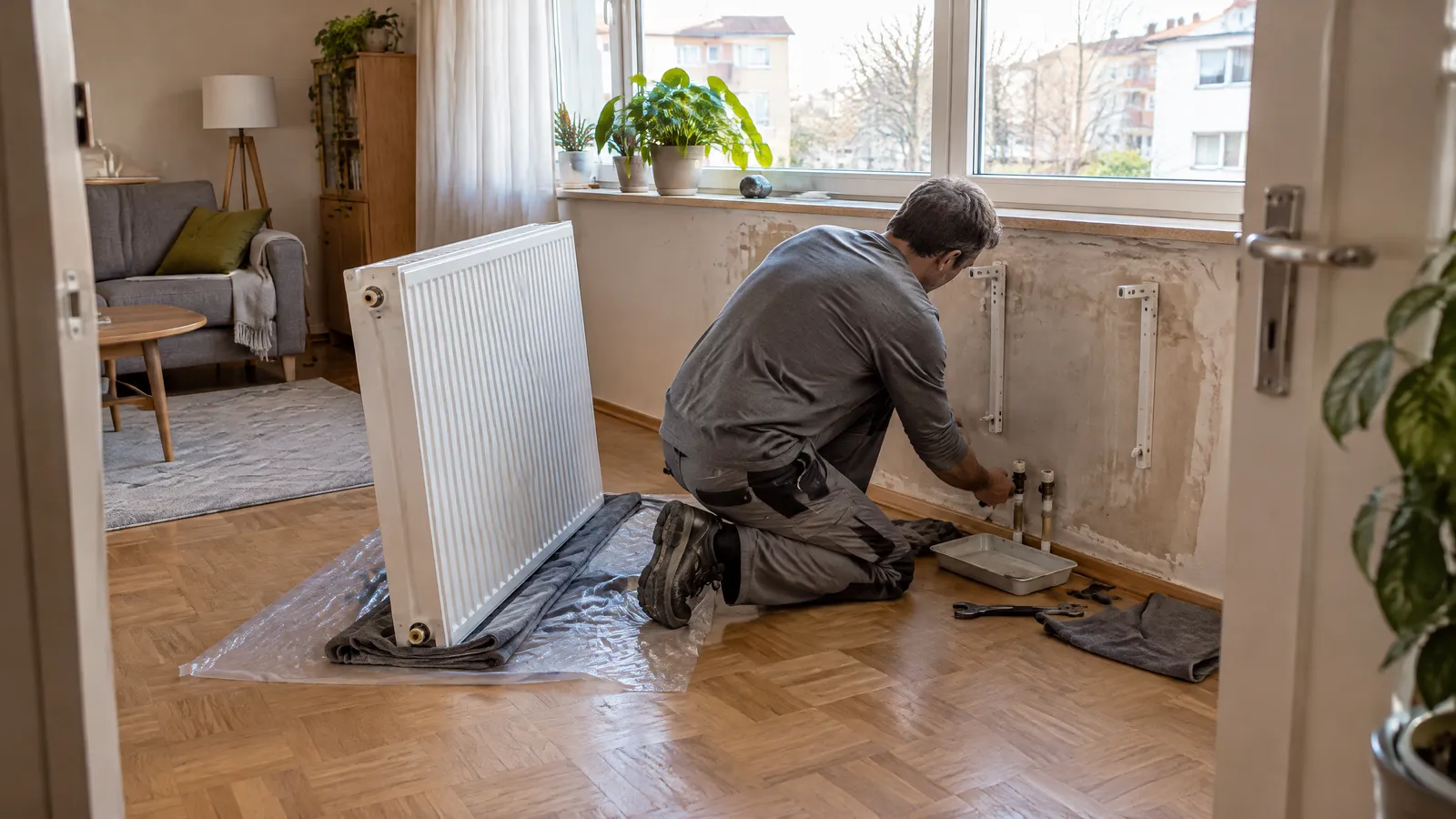 Heizkörper demontieren: Ein abgebauter weißer Plattenheizkörper steht auf Tüchern und Folie im Wohnzimmer, daneben kniet ein Installateur an den verschlossenen Heizungsventilen unter den leeren Wandhaltern, davor liegen Auffangwanne und Maulschlüssel.