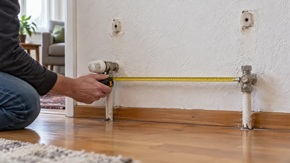 Handwerker kniet auf dem Holzboden und misst mit einem gelben Maßband den Abstand zwischen Thermostatventil und Rücklaufverschraubung eines abgebauten Heizkörpers, darüber zwei alte Wandhalterungen