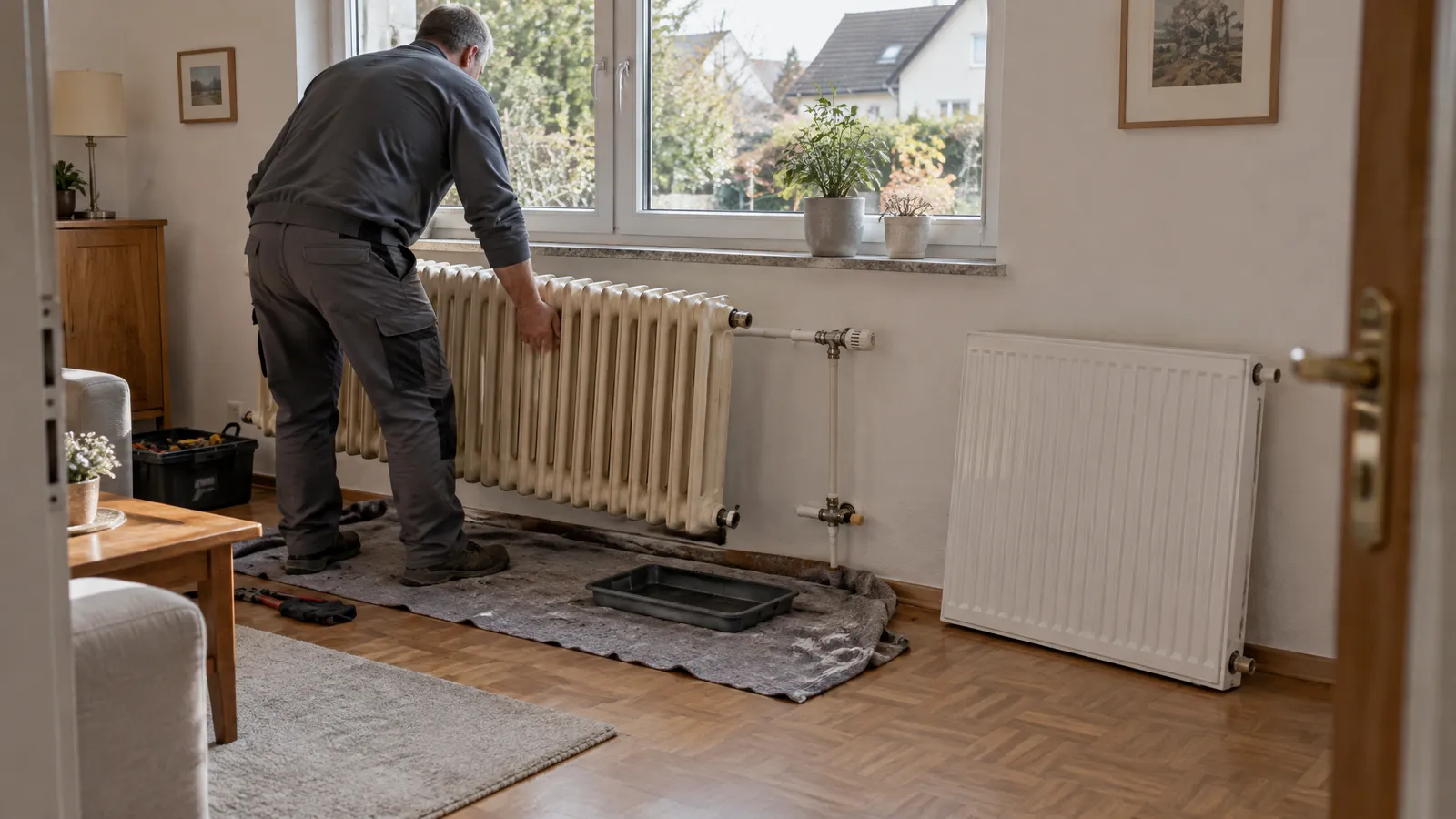 Heizkörper tauschen: Ein Heizungsbauer greift im Wohnzimmer den alten, cremefarbenen Röhrenheizkörper unter dem Fenster, daneben steht bereits der neue weiße Flachheizkörper, auf dem Parkett liegen Abdeckvlies und Auffangwanne.