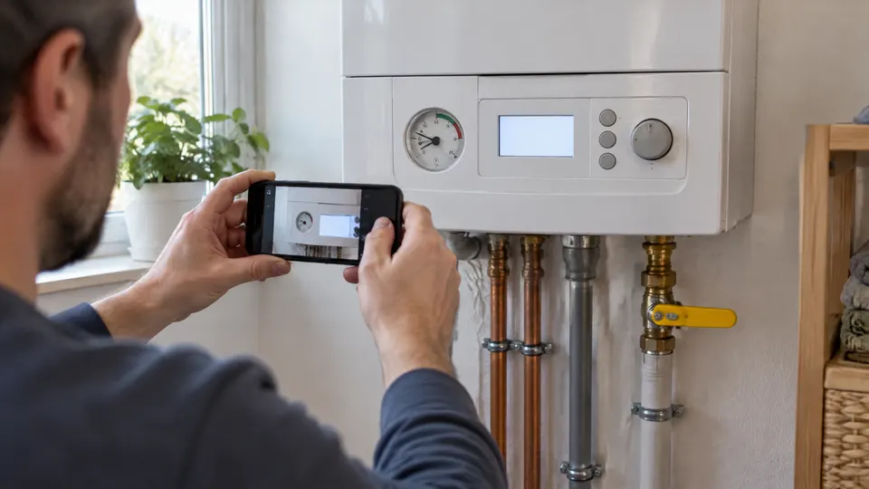 Mann fotografiert mit dem Smartphone Manometer, Display und Bedienknöpfe einer weißen Gastherme an der Wand, darunter Kupferrohre und der Gasabsperrhahn mit gelbem Griff