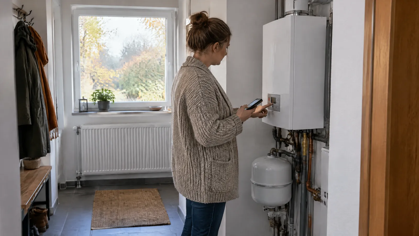 Heizung ausgefallen: Frau in Strickjacke prüft im Hausflur mit dem Smartphone in der Hand das Bedienfeld ihres weißen Gas-Wandgeräts, darunter das Ausdehnungsgefäß