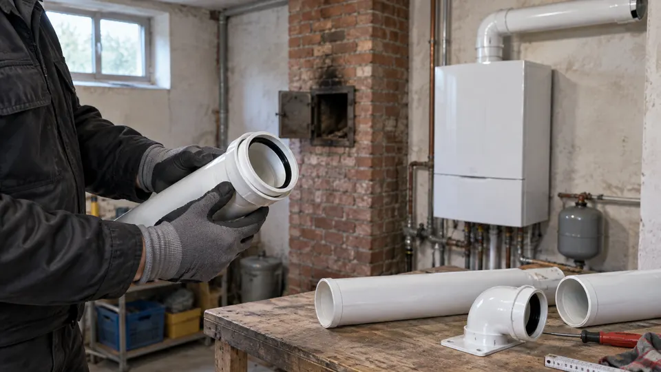 Heizungsbauer mit grauen Arbeitshandschuhen prüft den schwarzen Dichtring in der Muffe eines weißen Kunststoff-Abgasrohrs; dahinter ein alter Backsteinschornstein mit geöffneter Reinigungstür und ein weißes Gas-Brennwertgerät an der Kellerwand, auf der Werkbank weitere Abgasrohre und ein Stützbogen. Solche Nebenarbeiten erhöhen die Kosten einer neuen Heizung im Altbau.