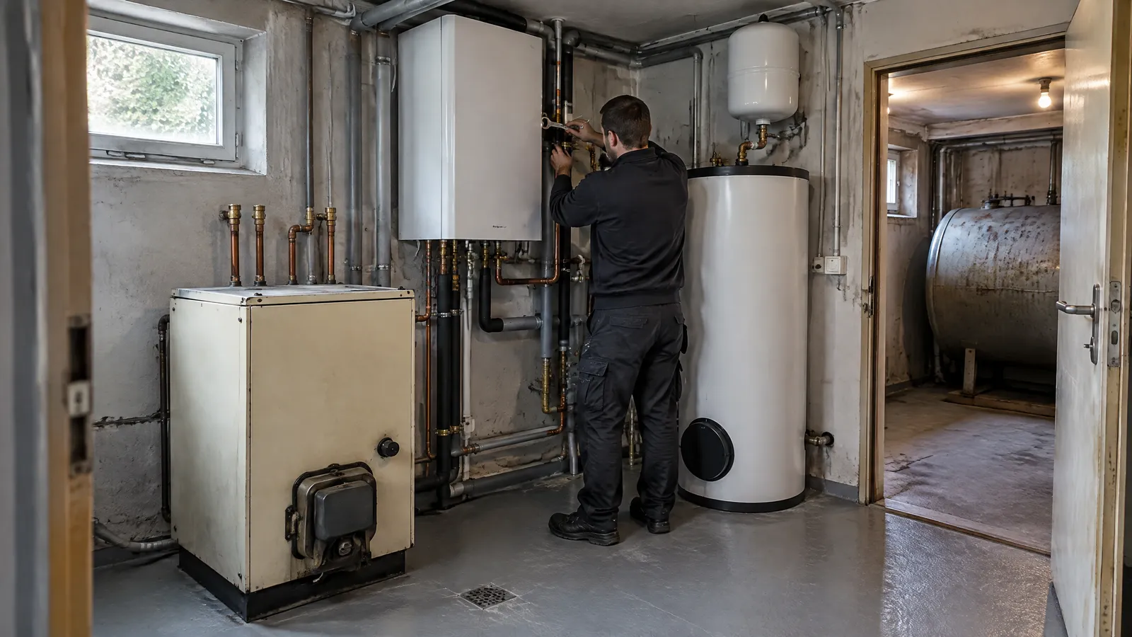 Heizungskeller im Altbau: Links steht ein stillgelegter alter Ölkessel mit verschlossenen Leitungen. Ein Monteur schließt ein neues weißes Wandgerät neben einem Warmwasserspeicher an, im Nebenraum steht der alte Öltank.