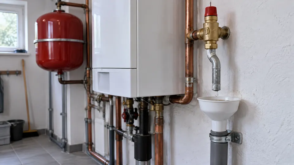 Messing-Sicherheitsventil mit roter Kappe neben einer weißen Wandtherme, aus der kurzen Abblaseleitung tropft Wasser in einen weißen Ablauftrichter, links an der Wand das rote Ausdehnungsgefäß