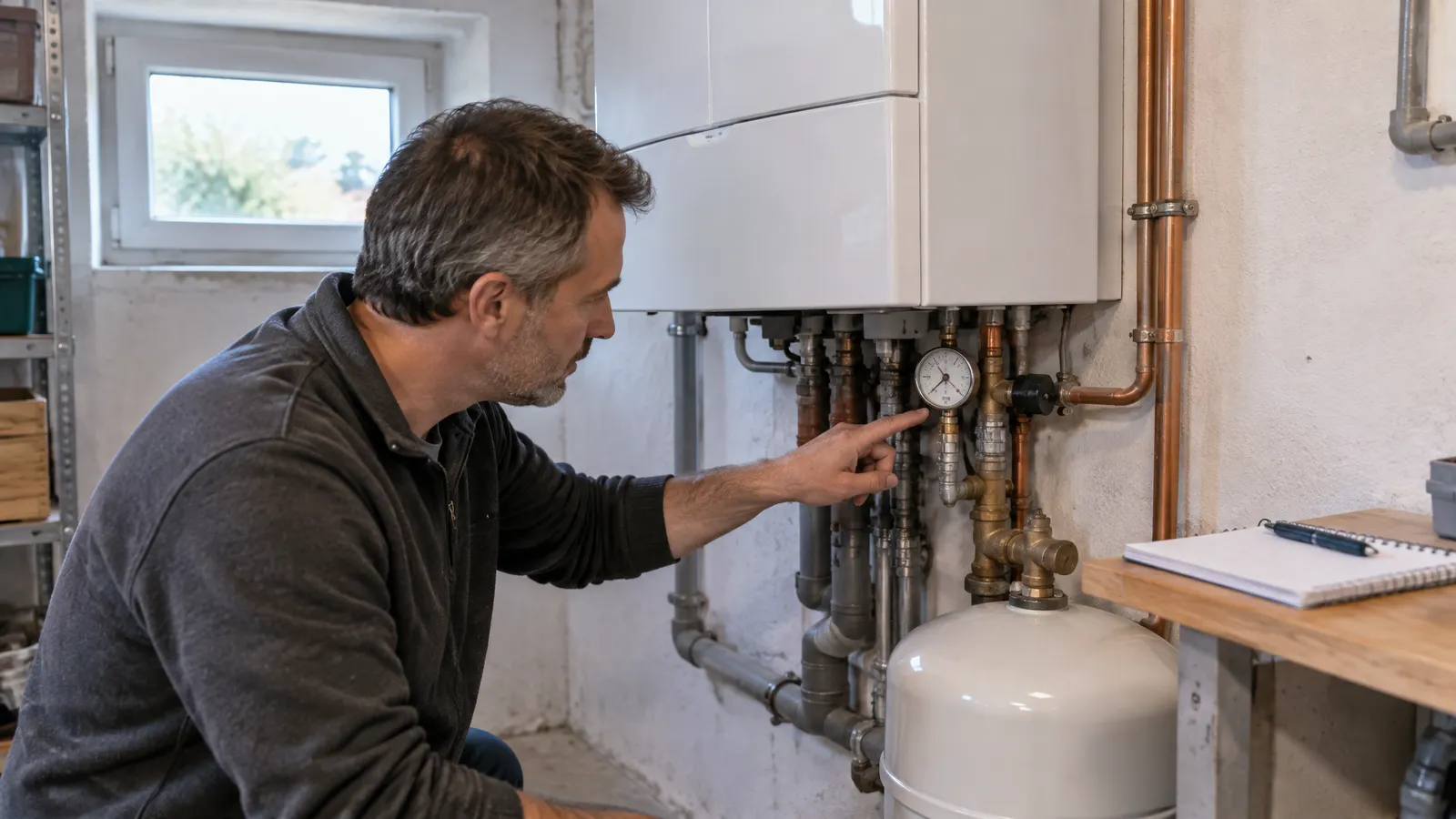 Heizung verliert Druck: Ein Mann zeigt im Heizungskeller auf das Manometer an den Anschlussrohren unter einer weißen Gas-Wandtherme. Darunter steht ein Ausdehnungsgefäß, rechts liegt ein Notizblock mit Stift auf einem Holzbrett.