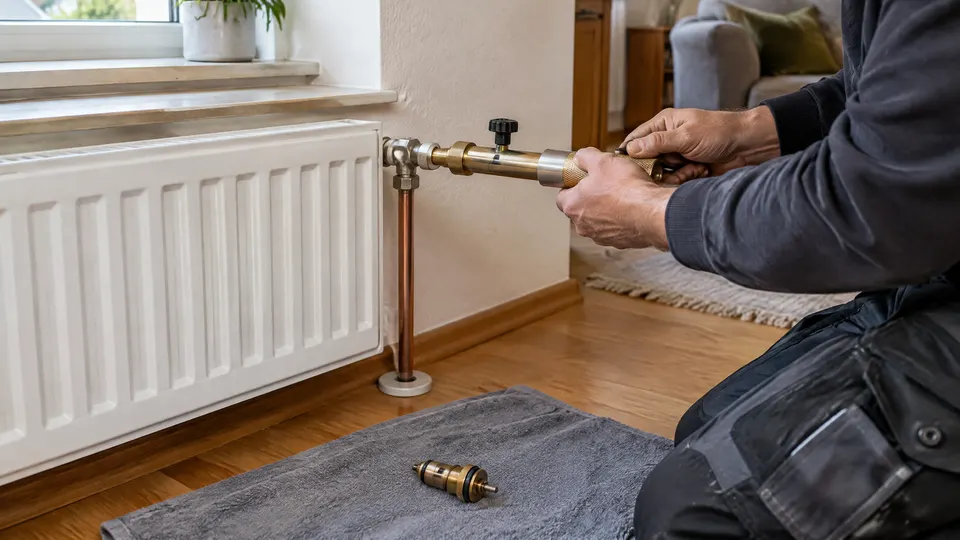 Heizungsbauer kniet am weißen Flachheizkörper unter dem Fenster und hält ein Montagegerät, das auf dem Thermostatventil oben rechts sitzt; der alte Ventileinsatz liegt auf einem grauen Tuch auf dem Holzboden.