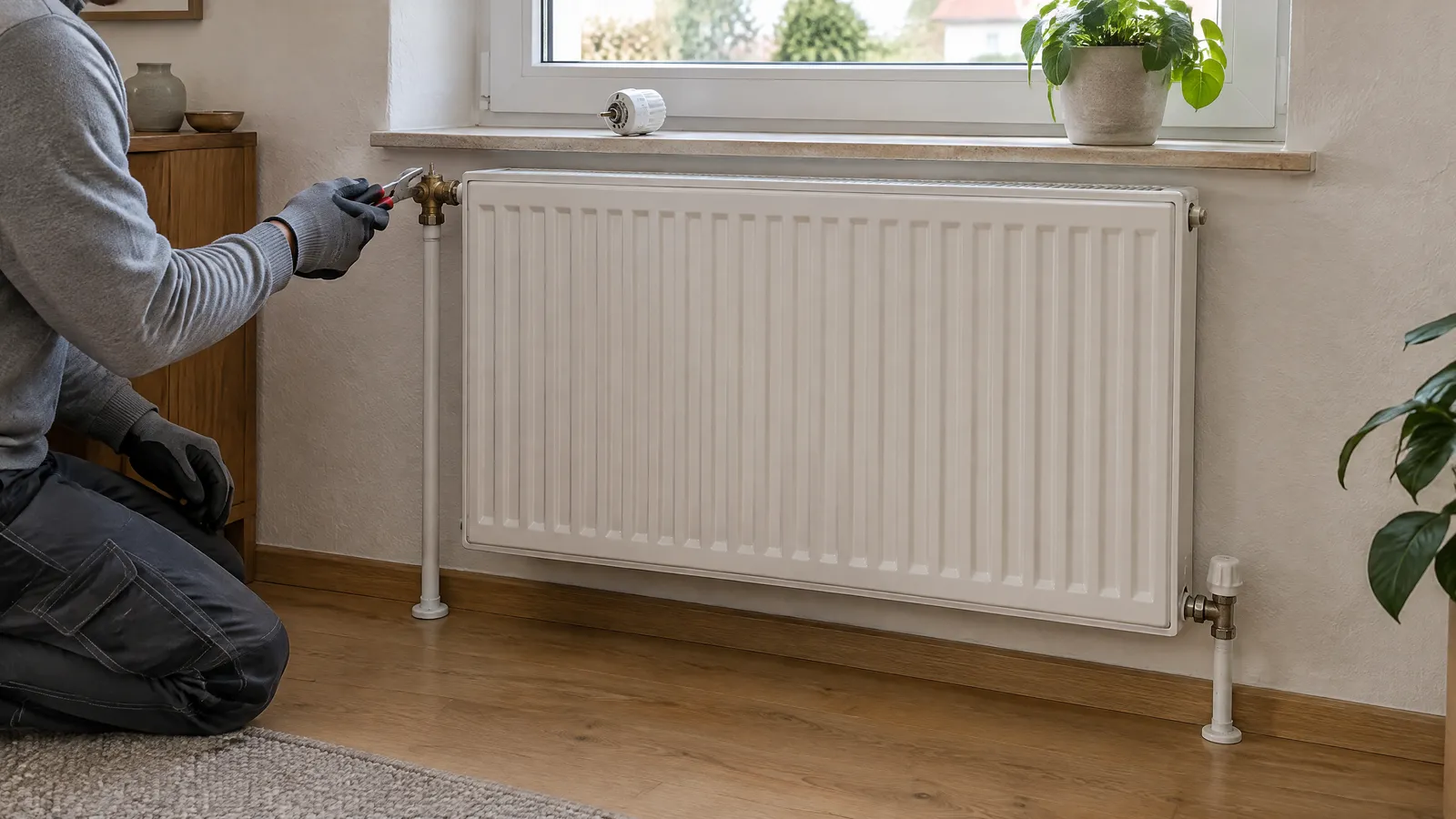 Heizungsventil tauschen: Handwerker kniet neben einem weißen Heizkörper unter dem Fenster und arbeitet mit einer Zange am Gehäuse des Thermostatventils oben links, der abgenommene Thermostatkopf liegt auf der Fensterbank.