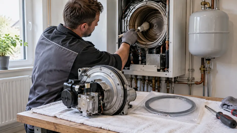 Heizungswartung an einer Gas-Brennwerttherme: Ein Techniker reinigt den geöffneten runden Wärmetauscher mit einer Kunststoffbürste, vorn liegen die ausgebaute Brennereinheit mit Gebläse auf einem Tuch und eine neue Dichtung in einer Tüte.