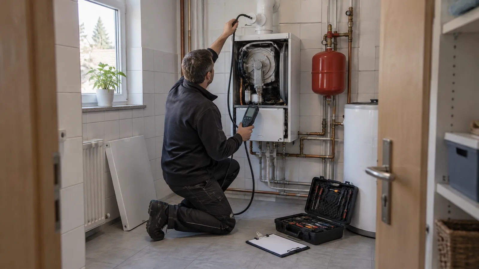 Heizungsbauer kniet bei der Heizungswartung vor einer geöffneten Gas-Brennwerttherme im gefliesten Hauswirtschaftsraum und misst mit einem Abgasmessgerät am Abgasrohr, daneben Werkzeugkoffer und Klemmbrett auf dem Boden