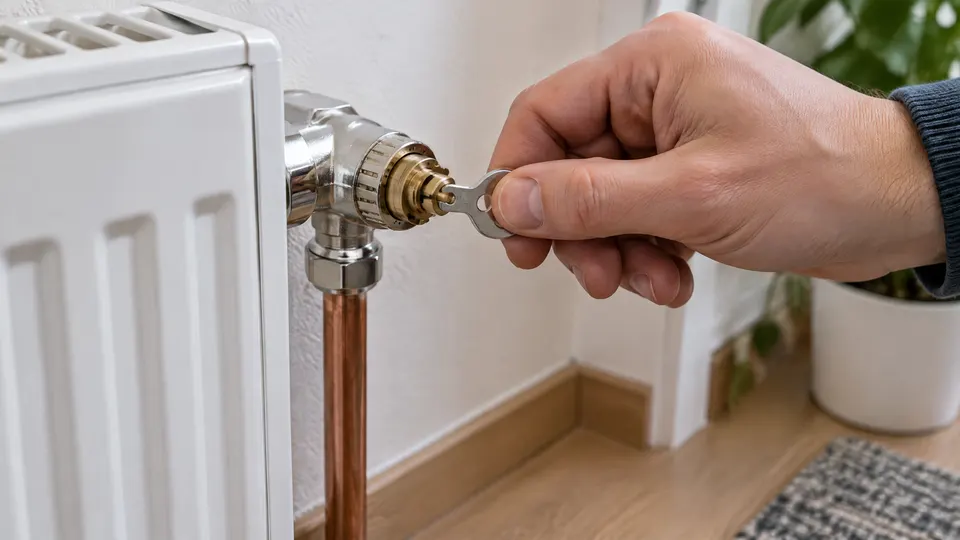 Hydraulischer Abgleich am Heizkörper: Eine Hand setzt einen kleinen Voreinstellschlüssel auf den Messing-Ventileinsatz eines verchromten Thermostatventils, der Thermostatkopf ist abgenommen, darunter führt ein Kupferrohr zum Boden.