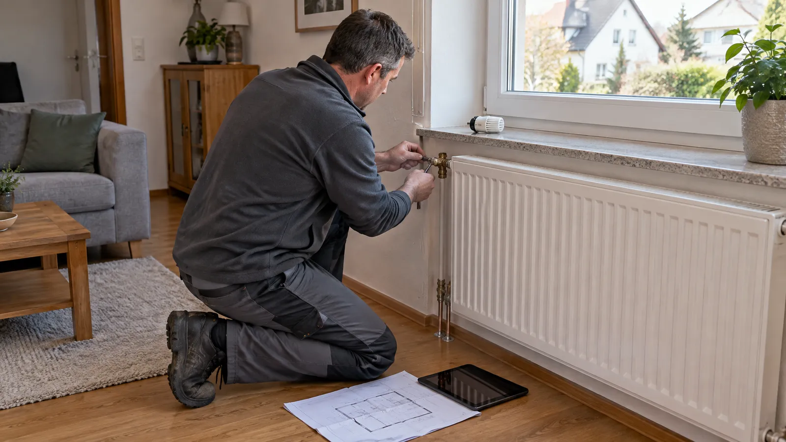 Hydraulischer Abgleich im Wohnzimmer: Ein Heizungsbauer in grauer Arbeitskleidung kniet vor einem weißen Heizkörper unter dem Fenster und stellt mit einem kleinen Werkzeug das Thermostatventil oben links ein. Der abgenommene Thermostatkopf liegt auf der Fensterbank, ein Tablet und ein Grundriss liegen auf dem Boden.