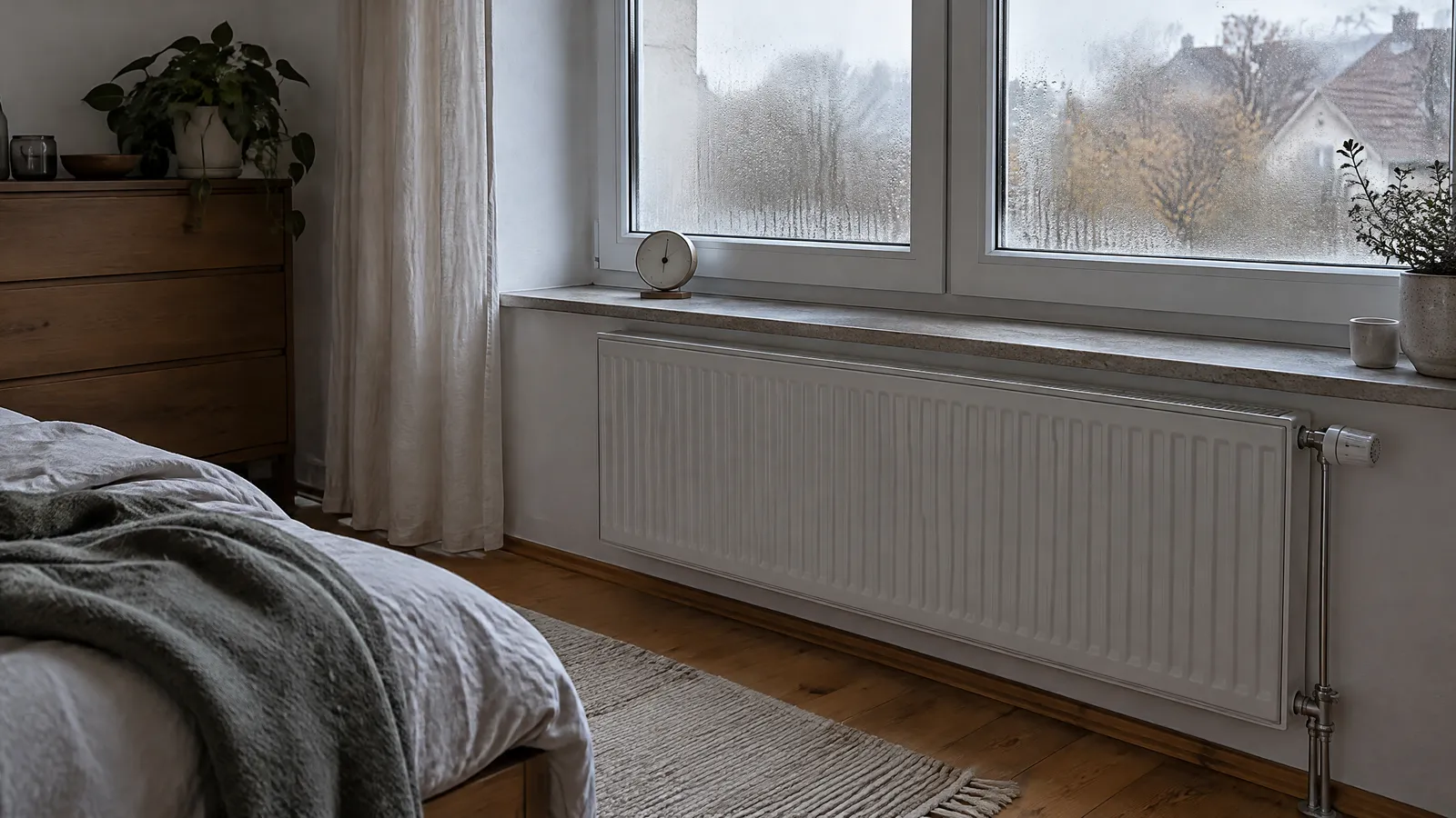 Zu hohe Luftfeuchtigkeit in der Wohnung: Schlafzimmer an einem grauen Herbsttag mit beschlagenen Fensterscheiben mit Wassertropfen, auf der Fensterbank ein kleines analoges Hygrometer, darunter ein weißer Flachheizkörper mit Thermostatventil
