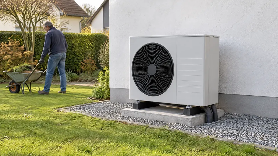 Weiße Monoblock-Wärmepumpe auf einem Betonfundament im Kiesbett vor einer glatten Hauswand, zwei gedämmte Leitungen führen unten ins Erdreich, im Hintergrund ein Garten mit Rasen