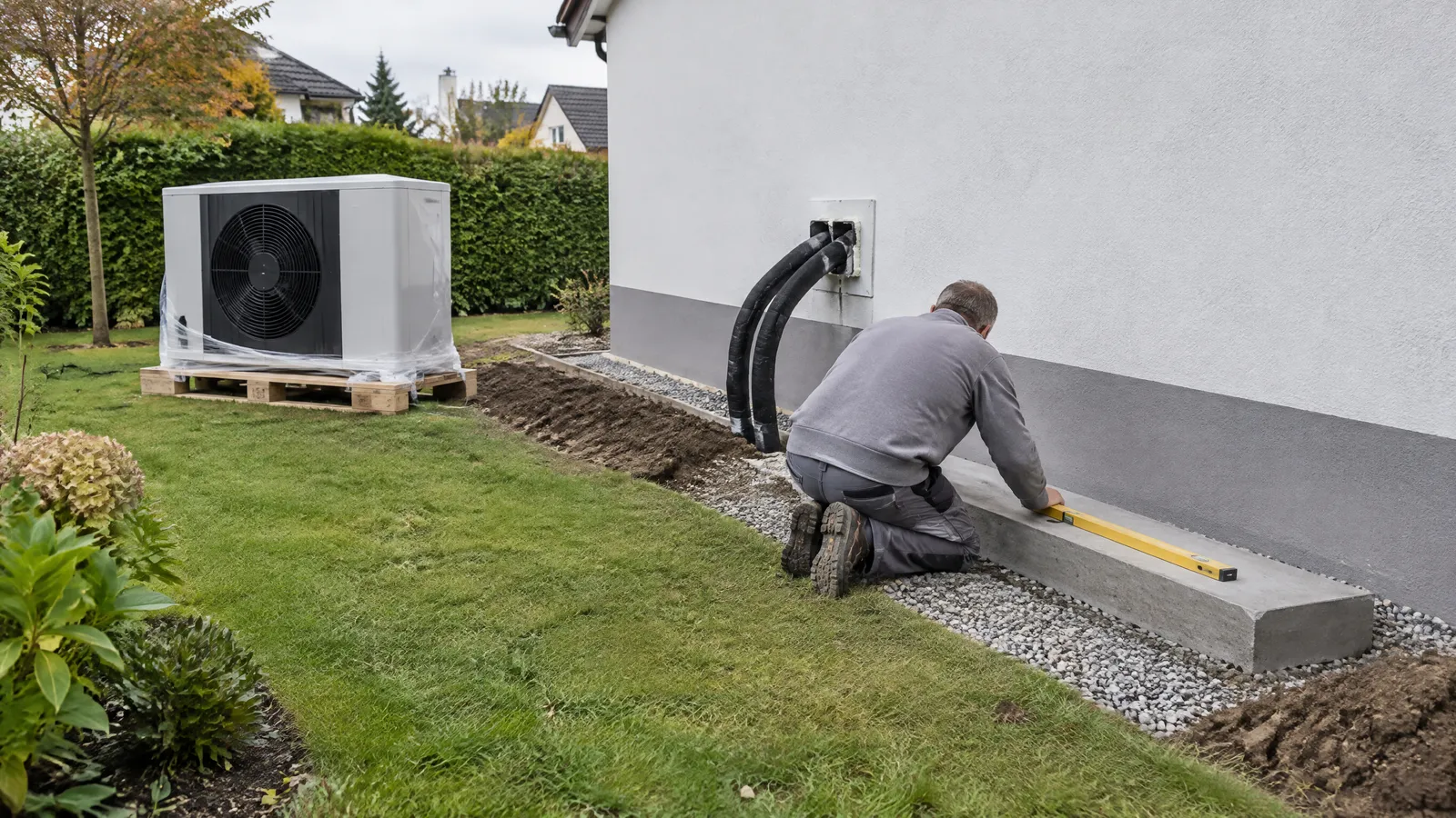 Wärmepumpe selber einbauen: Eigentümer kniet im Garten am frisch betonierten Fundament an der Hauswand und prüft es mit der Wasserwaage, daneben führen gedämmte Leitungen aus der Wanddurchführung, im Hintergrund steht das Monoblock-Außengerät noch in Folie auf einer Palette.